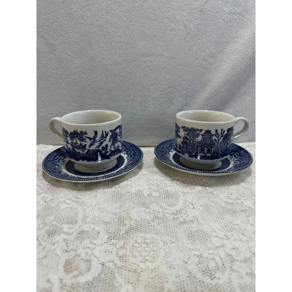 Blue Willow Teacup Saucer Set England Vintage‎ Porcelain
